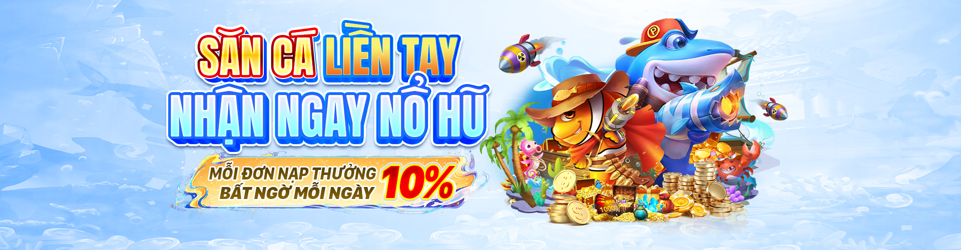 Hình ảnh banner bắn cá sống động tại 79king hiện đang mở, với đàn cá rực rỡ và phần thưởng hấp dẫn